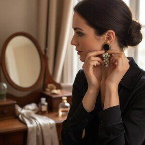 Women's Earrings Vintage Black Enamel Brass Metal Cluster Glass Dangling Earring